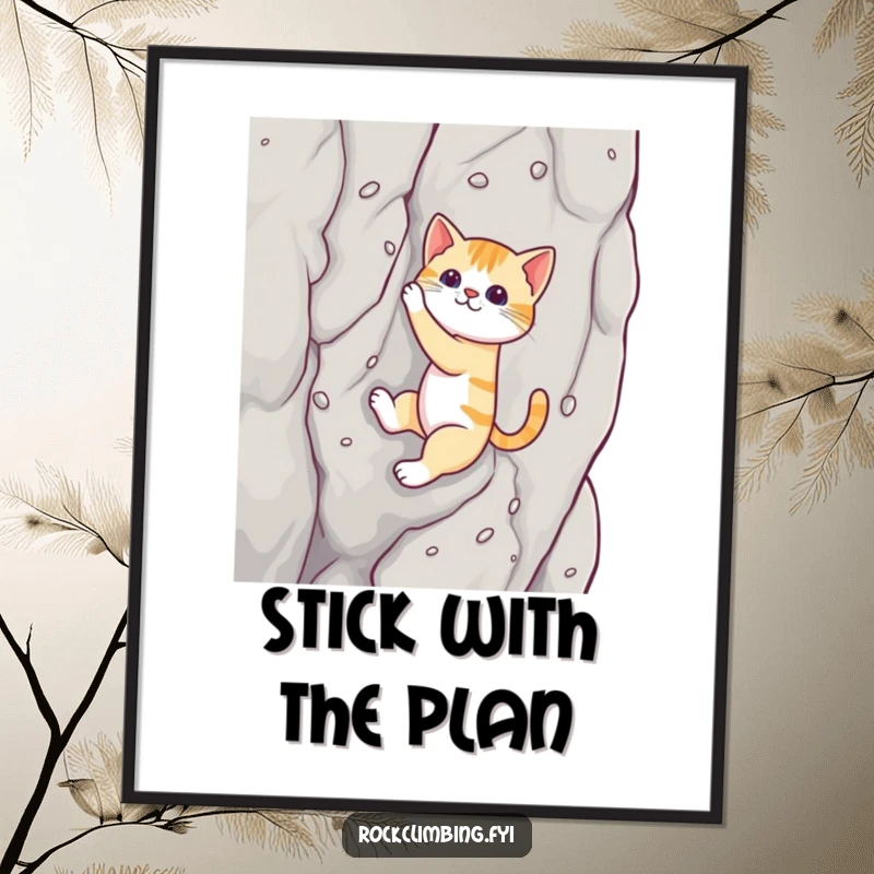 Funny cat poster capturing a determined cat using suction cups to ascend a sheer rock, humorous and artistic.