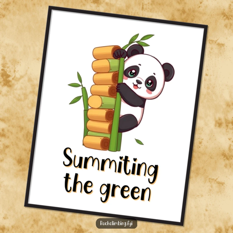 Funny panda scaling a huge bamboo stack on a motivational poster, bringing humor and inspiration to wall decor.