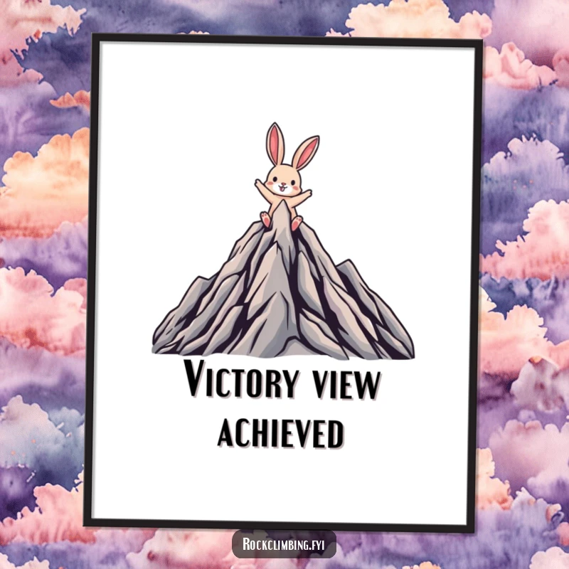 Funny poster of a triumphant rabbit reaching the apex of a stylized, craggy mountain, radiating pure joy and success.