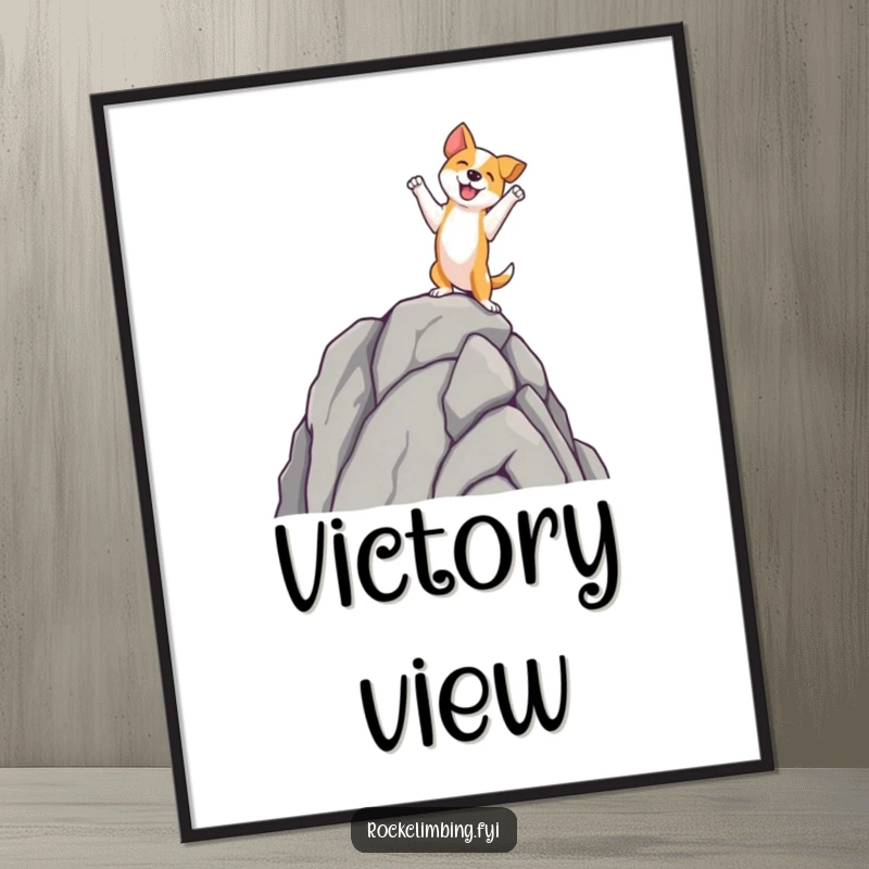 Funny dog poster of a happy dog standing triumphantly on a rock spire's summit, a funny and inspiring piece of art.