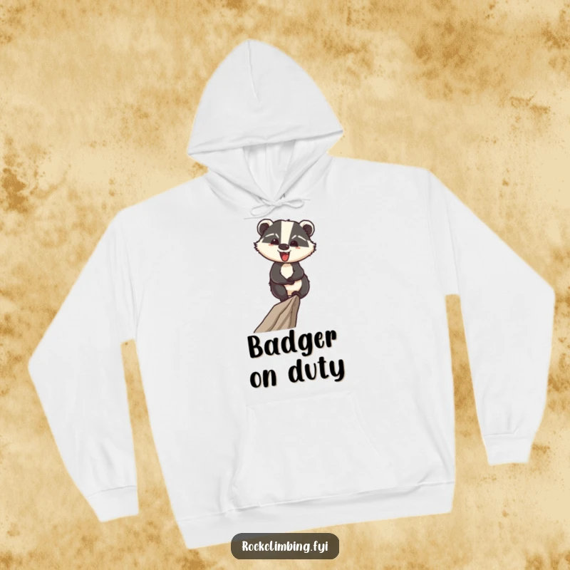Funny warm hoodie featuring a cheerful badger confidently navigating a narrow ledge, perfect for outdoor enthusiasts.