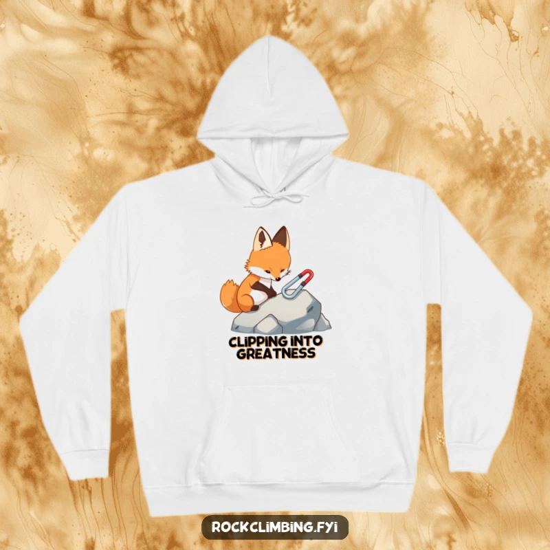 Funny fox hoodie, showing a focused fox placing a tiny carabiner on a rock, symbolizing meticulous preparation for outdoor activities.