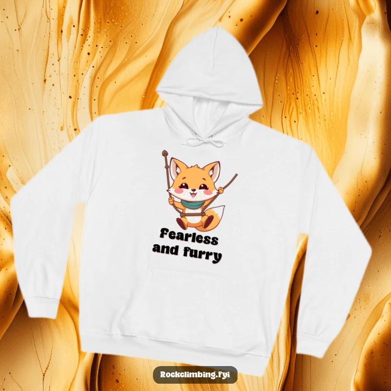 Funny fox hoodie depicting a happy fox swinging from a rope, radiating adventurous and humorous vibes.