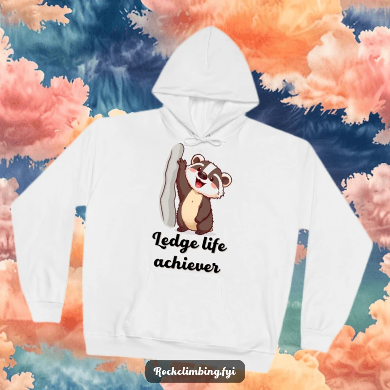 Funny badger with climbing gear reaching for a ledge on a cozy hoodie, embodying outdoor fun and humor.