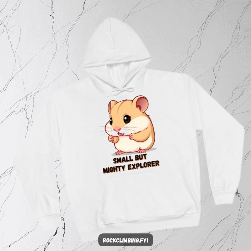 Funny curious hamster hoodie design of a small rodent with bright eyes looking at tiny handholds, promoting warmth and adventure.