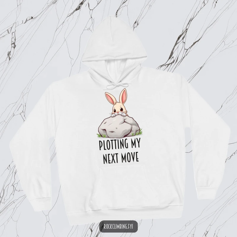 Funny Hoodie depicting a curious rabbit with a determined face, peeking over a very large boulder, designed for warmth and laughter.