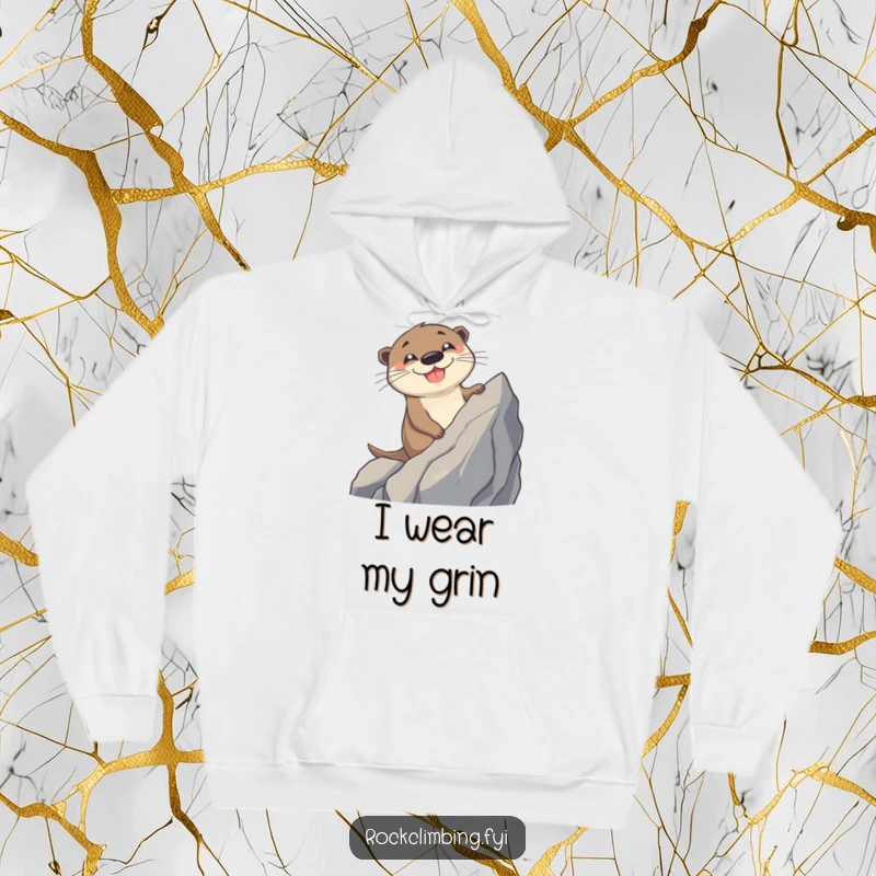 Funny Otter Hoodie: A cheerful otter with a big grin happily ascends a steep, jagged rock, embodying adventure and happiness.