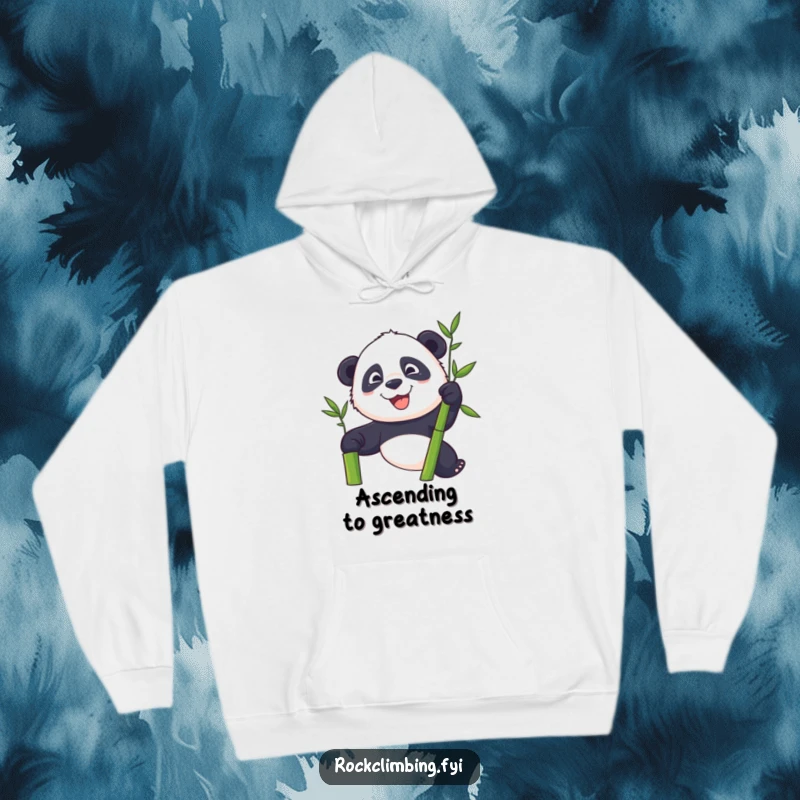 Funny panda determinedly climbing a bamboo stalk, featured on a soft and cozy hoodie.