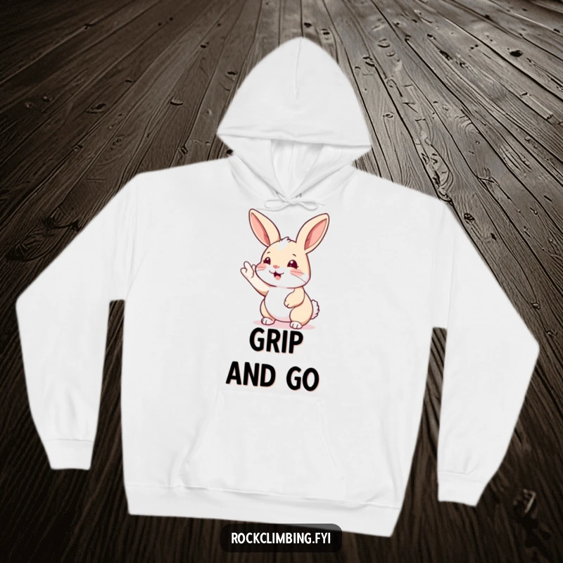 Funny rabbit climbing hoodie showing a rabbit reaching for a handhold. Cozy, warm, and humorous apparel for climbers.