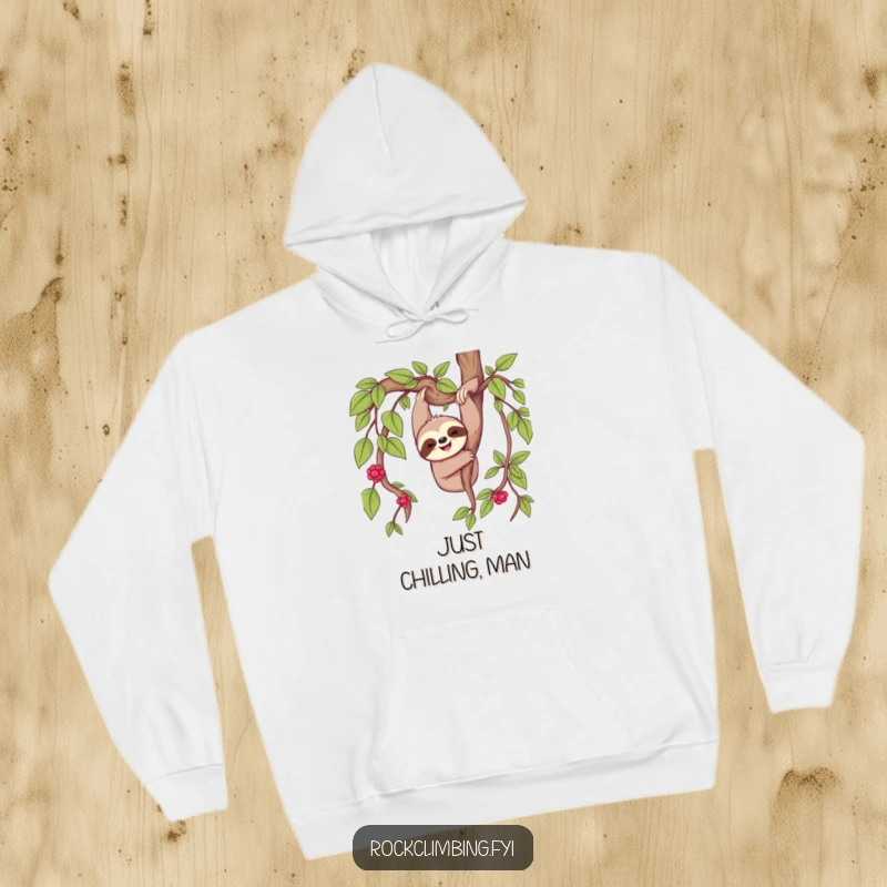 Funny cheerful sloth happily dangling from a thick vine, featured on a soft and cozy hoodie.