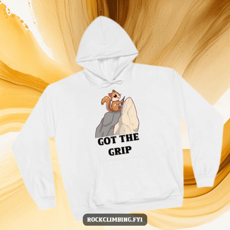 Funny hoodie depicting a determined squirrel using tiny tools to conquer a challenging rock face, symbolizing perseverance.