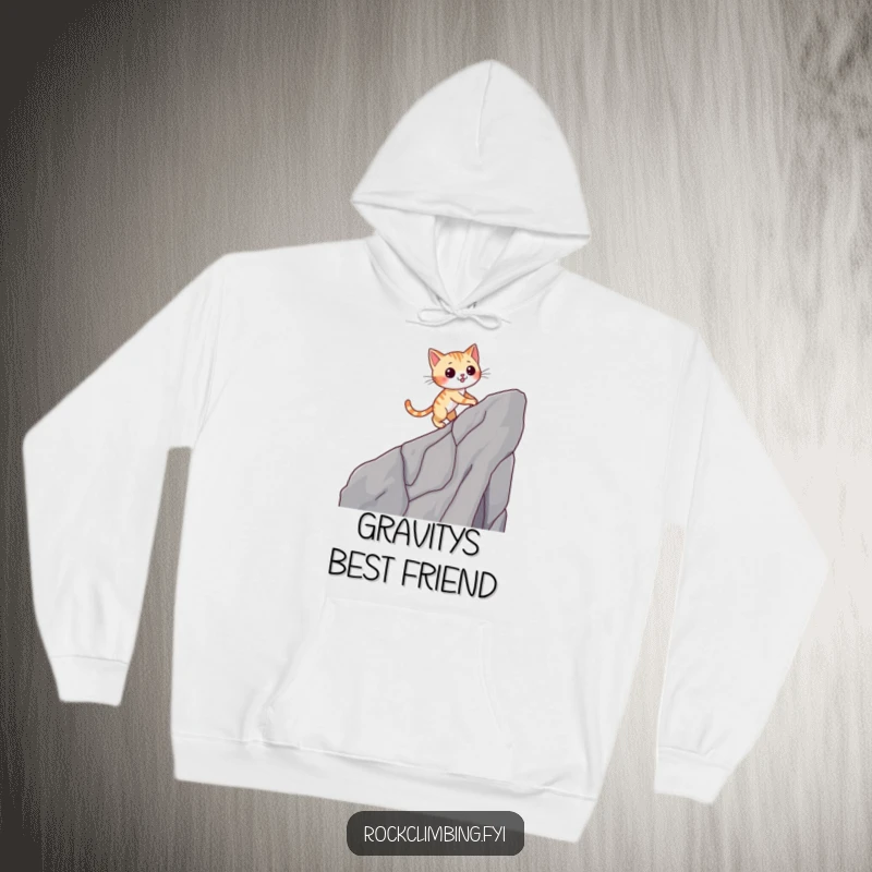 Funny cat hoodie depicting a winking cat scaling a cliff, radiating adventurous and witty vibes.