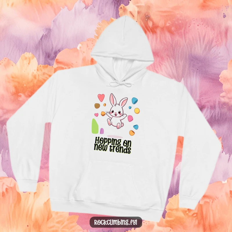 Funny rabbit hoodie featuring a cheerful bunny energetically leaping between small, colorful climbing holds, perfect for casual wear.