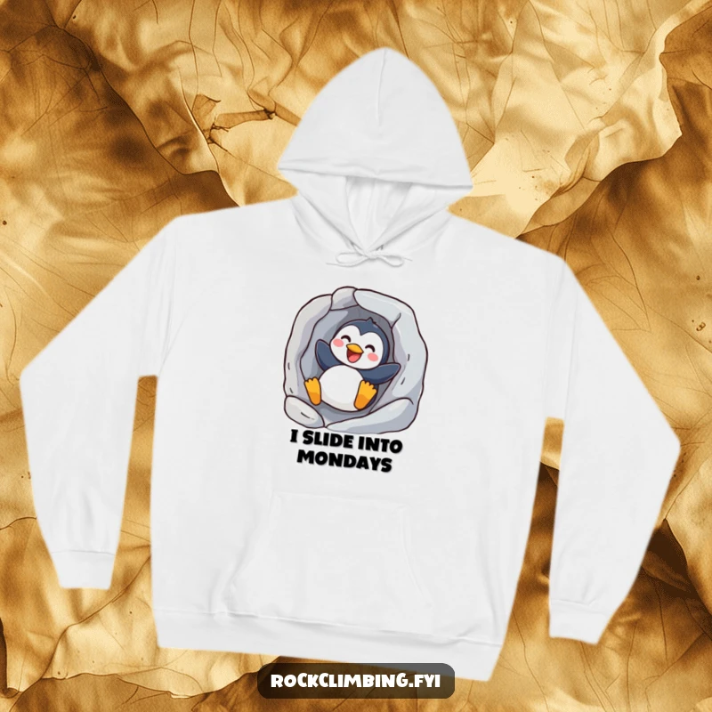 Funny joyful penguin hoodie design of a happy bird sliding down a rock face, perfect for staying warm and cheerful.