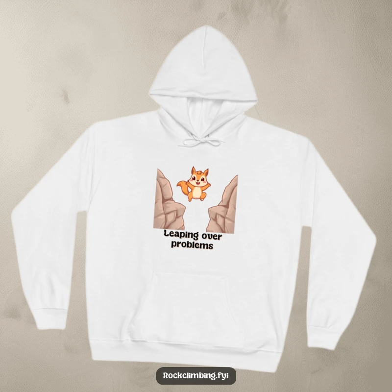 Funny squirrel hoodie showing an athletic squirrel in mid-air jump between two cliffs, a humorous celebration of adventure.