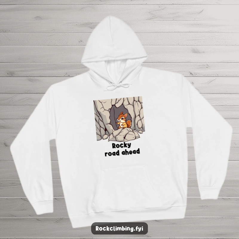 Funny chipmunk rock hoodie depicting a brave chipmunk navigating a jagged rock formation. Cozy and humorous outdoor wear.