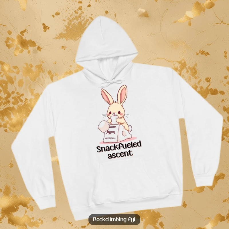 Funny bunny hoodie depicting a bunny climbing with a marshmallow, offering warmth and a dose of sweet humor.