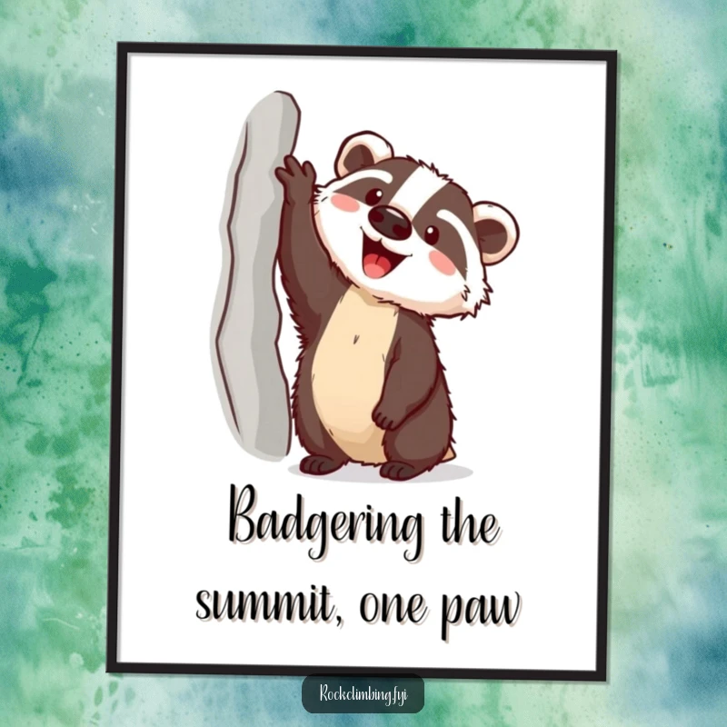Funny Free Printable Wall Art of a happy badger with a piton reaching for a high ledge, a humorous downloadable decor.
