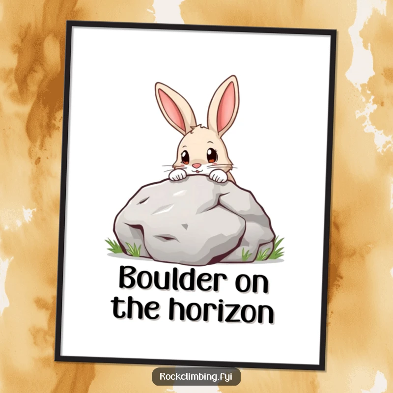 Funny Free Printable Wall Art: A curious rabbit with a determined expression peers over a large boulder, adding humor.