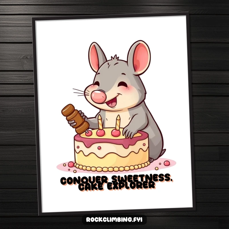 Funny free printable wall art of a smiling aardvark enthusiastically hammering pitons into a cake, a playful decoration.