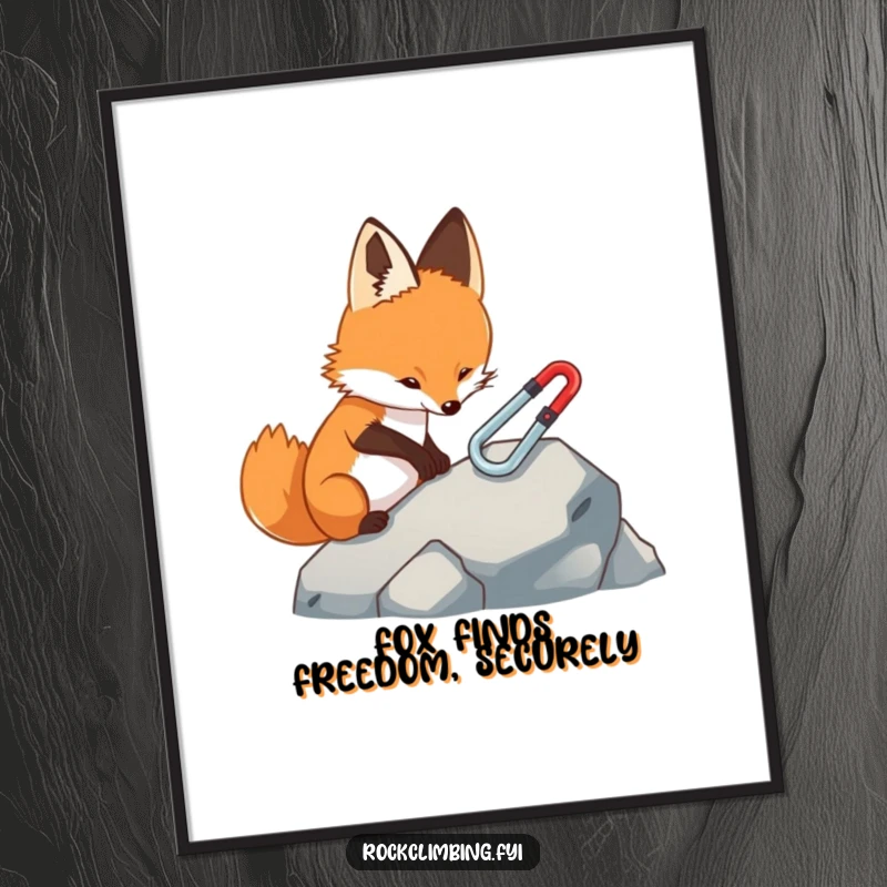 Funny Free Printable Wall Art: Focused fox carefully placing a miniature carabiner on a rock, quirky adventure theme.