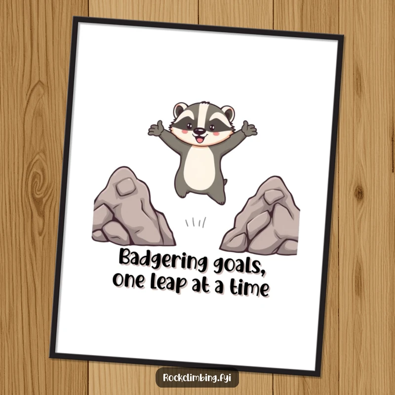 Funny Free Printable Wall Art: A brave badger leaping boldly between rocky outcrops, full of adventurous spirit.