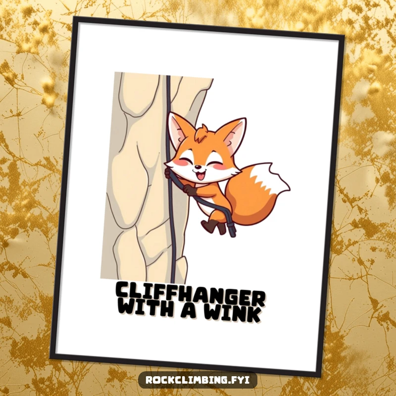 Funny Free Printable Wall Art: Energetic fox rappelling down a cliff, winking playfully, ready for action.