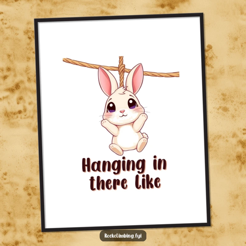 Funny Free Printable Wall Art: Curious rabbit dangling from a rope, looking up with wide, innocent eyes.