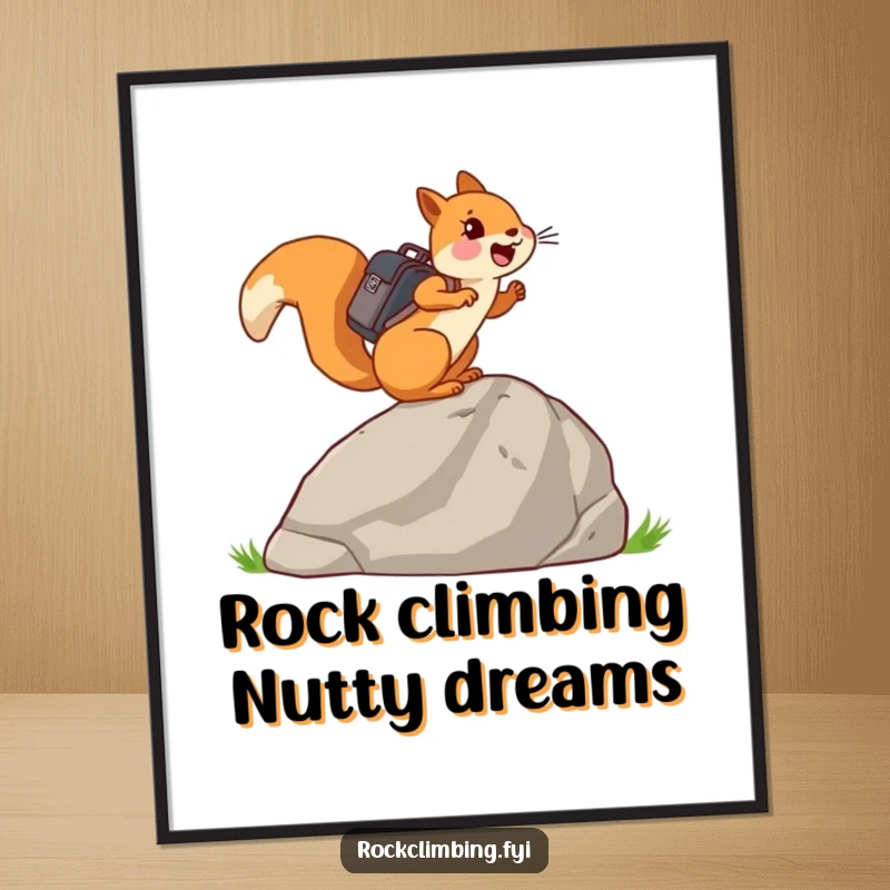 Funny Free Printable Wall Art: A joyful squirrel with a backpack cheerfully ascending a large rock, humorous downloadable nature-themed decor.