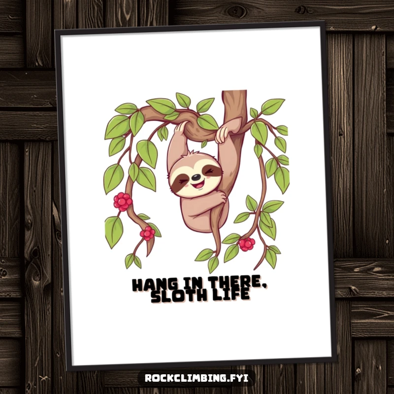 Funny Free Printable Wall Art: Cheerful sloth dangling contentedly from a thick vine, adding a humorous touch.