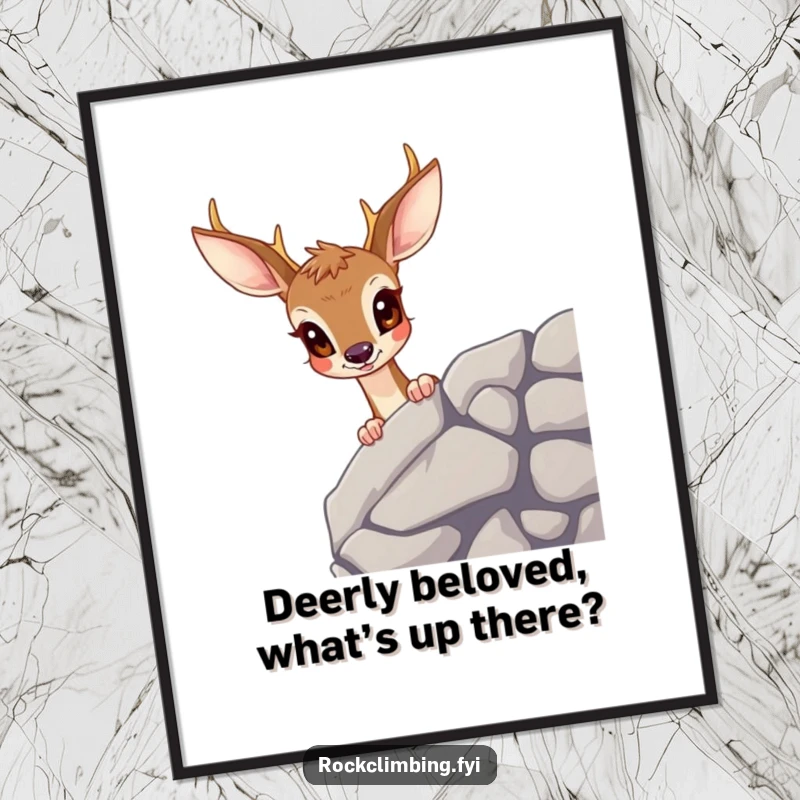 Funny free printable wall art: a deer with large, wide eyes curiously peering over a dramatic rocky ledge, capturing a moment of discovery.