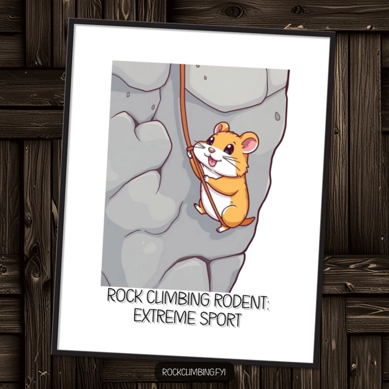 Funny Free Printable Wall Art: A determined hamster rappelling down a rocky cliff with a string, embodying adventure.