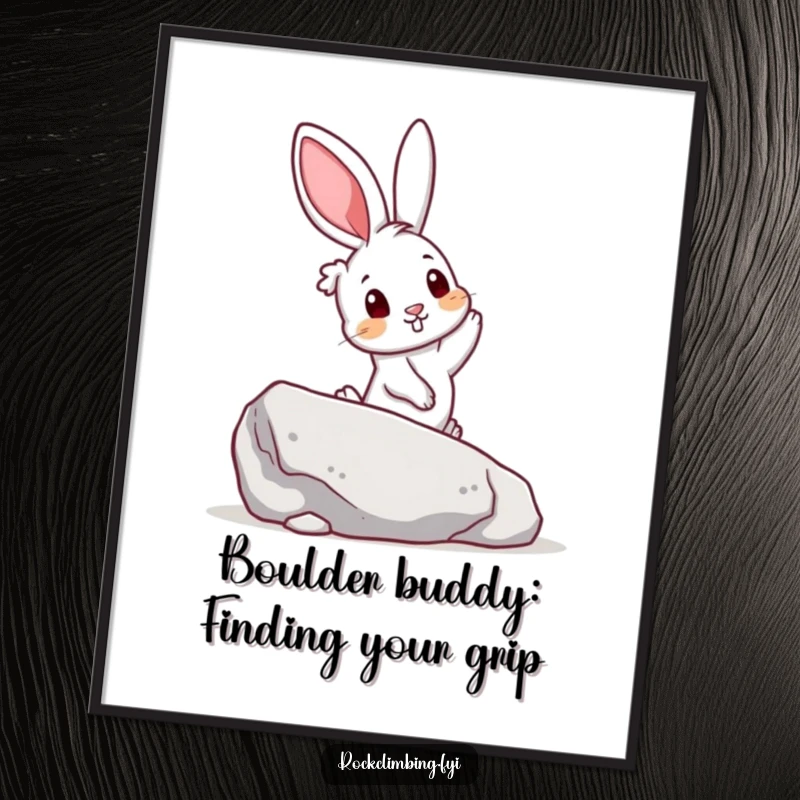 Funny Free Printable Wall Art: A curious rabbit reaching for a colorful handhold on a large boulder, ready for adventure.