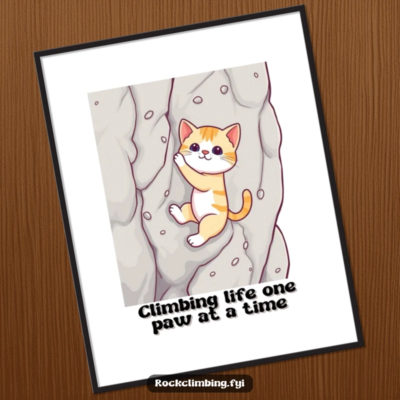 Funny free printable wall art: a playful cat skillfully climbs a sheer rock face using tiny suction cups, showcasing agility.