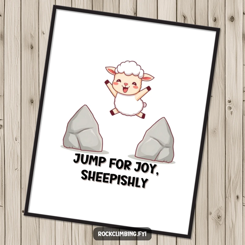 Funny Free Printable Wall Art: A delighted sheep captured mid-leap between two small, pointed rocks, full of pure joy.