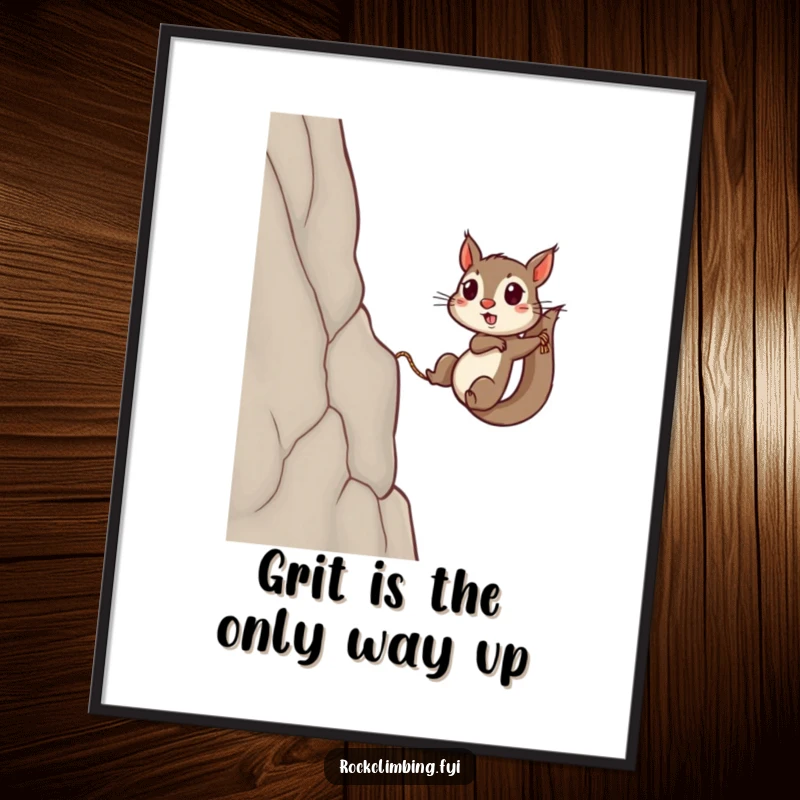 Funny Free Printable Wall Art: Tiny squirrel with a rope, determinedly pulling itself up a massive, steep cliff.