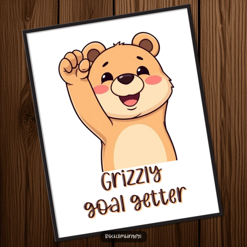 Funny Free Printable Wall Art: A happy bear with a wide grin reaching for a difficult, challenging rock climbing hold.
