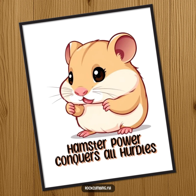 Funny Free Printable Hamster Wall Art: A tiny hamster with bright eyes curiously studies tiny climbing holds. A downloadable gift.