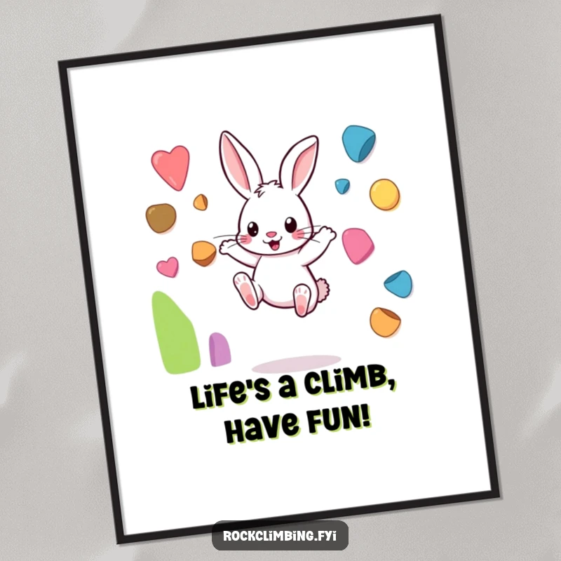 Funny Free Printable Wall Art: Playful rabbit mid-leap between tiny colorful climbing holds, full of energy.