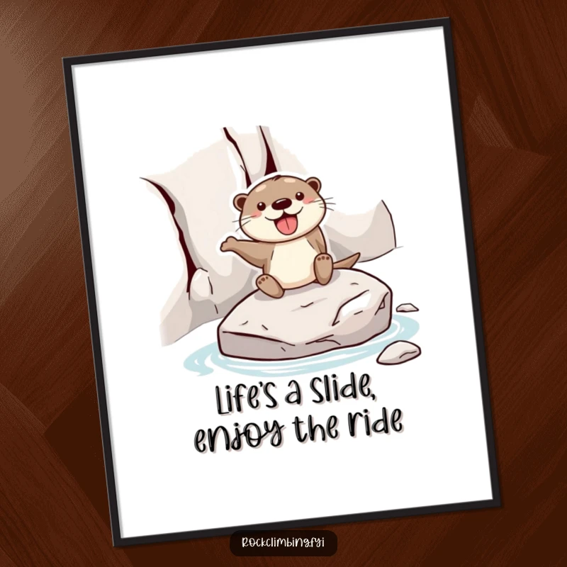 Funny free printable wall art: a happy otter joyfully sliding down a smooth rock face on a stone, embodying pure delight.