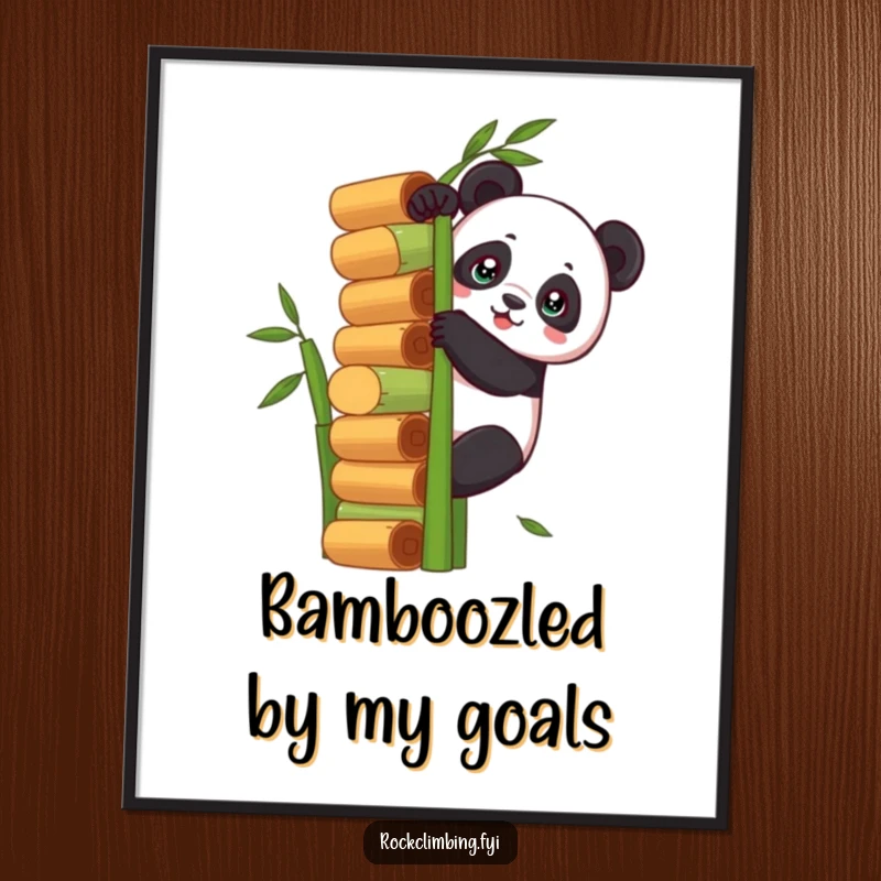 Funny Free Printable Wall Art of a determined panda scaling a giant bamboo stack, a humorous piece of downloadable decor.
