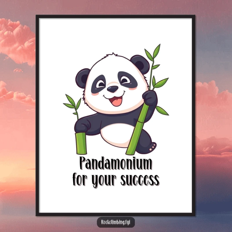Funny Free Printable Wall Art: Playful panda with a determined grin ascending a lush bamboo stalk, adding humor.