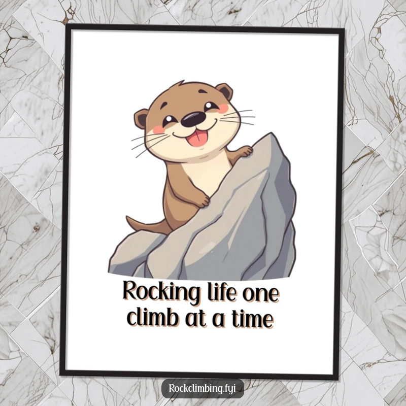 Funny Free Printable Wall Art: A beaming otter enthusiastically climbing a sheer rock face.