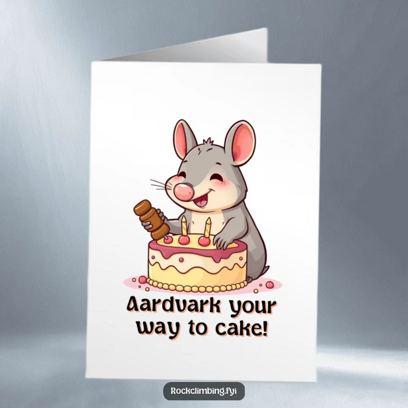 Funny free printable birthday card with a smiling aardvark hammering pitons into a cake, celebrating adventurously.