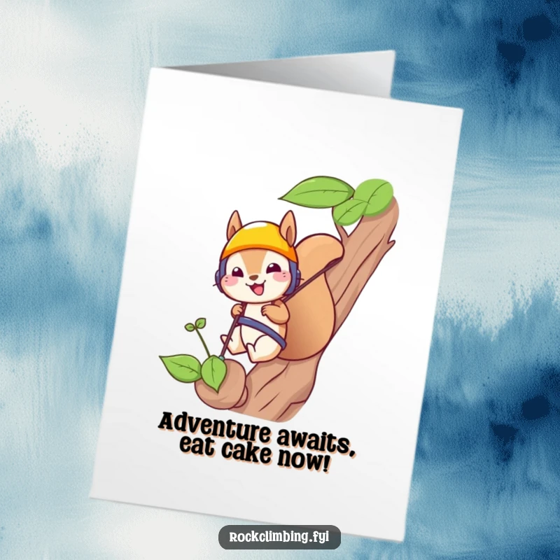 Funny Free Printable Birthday Card: A cheerful squirrel in a helmet rappelling down a sprout, celebrating with gusto.