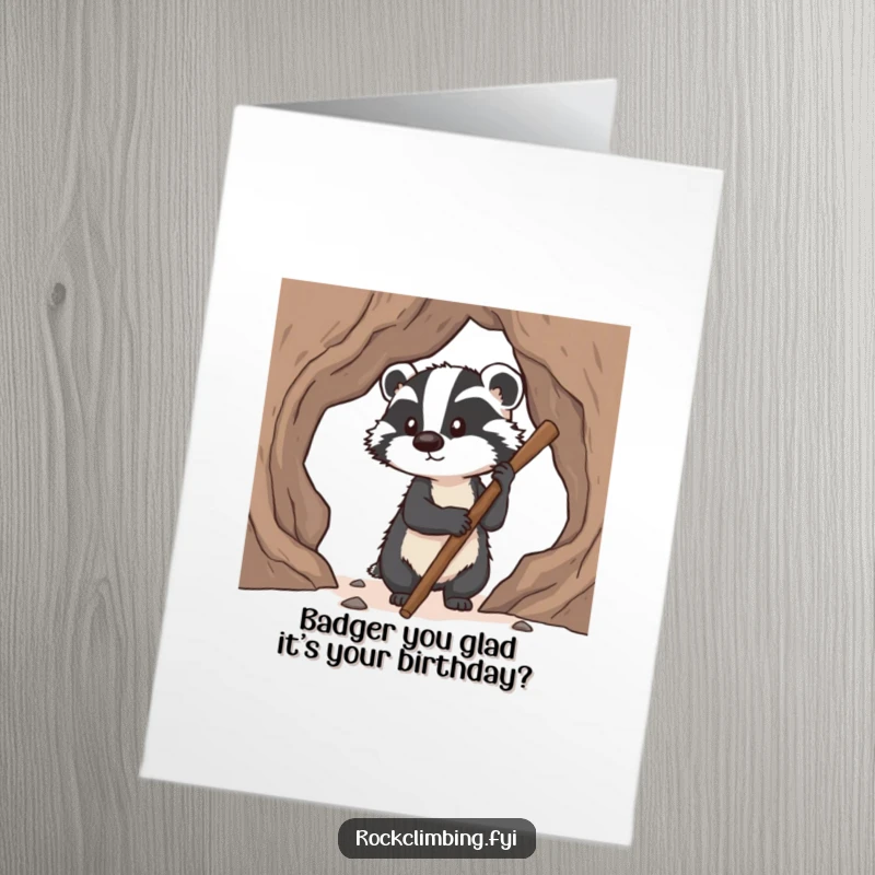 Funny free printable birthday card: a determined badger using a stick to find pawholds while climbing, embodying birthday perseverance.