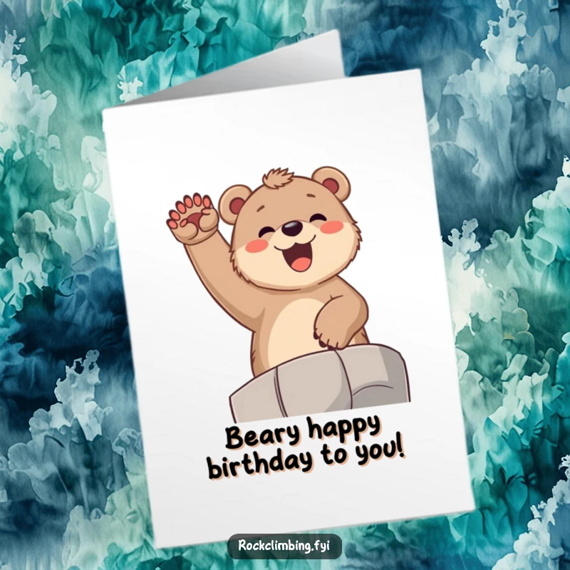 Funny Free Printable Birthday Card: Joyful bear cub cheering with paws in the air from a high ledge, celebrating.