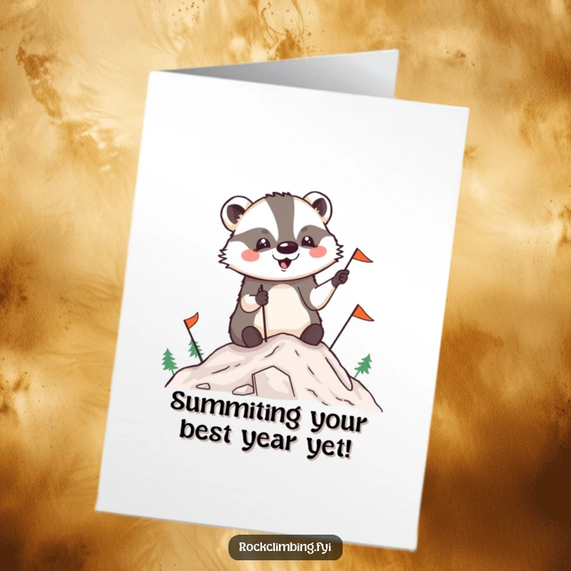 Funny free printable birthday card showing a delighted badger planting small flags triumphantly at a mountain summit, celebrating achievement.