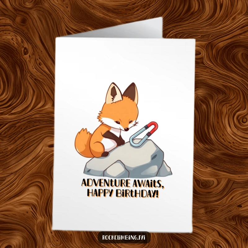Funny Free Printable Birthday Card: Focused fox carefully placing a miniature carabiner on a rock, ready for adventure.