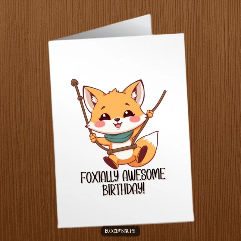 Funny Free Printable Birthday Card: Brave fox swinging from a rope with a huge smile, ready to deliver birthday wishes.